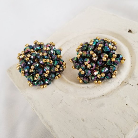 Vintage AB Crystal Rhinestone Clip On Earrings - Picture 3 of 12